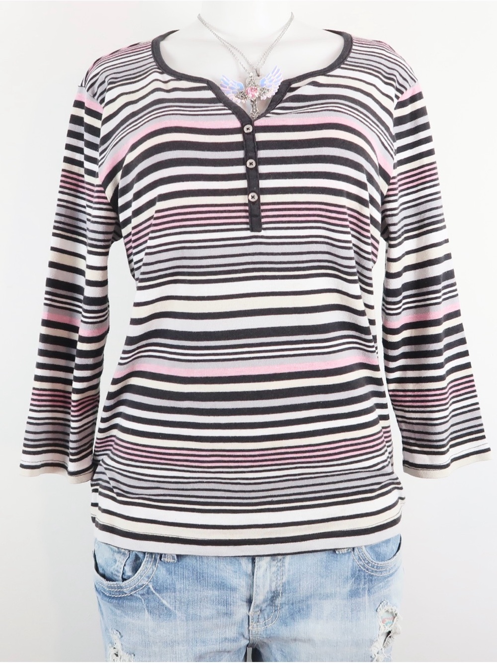 croft & barrow Striped Henley Long Sleeve Top - Pink, Black & White